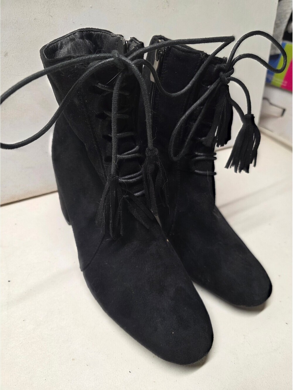 HOTKISS Women’s Size 10 Black Faux Suede Ankle Boots Lace Up Tassel Block Heel